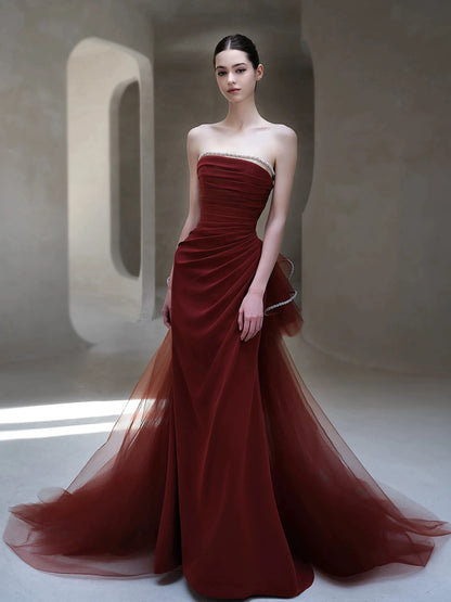 Robe de soirée bordeaux bustier à perles J7100