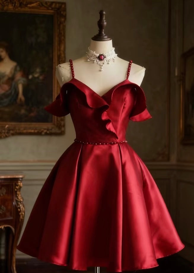 A Line Red Short Birthday Dress Satin Homecoming Dress J8881