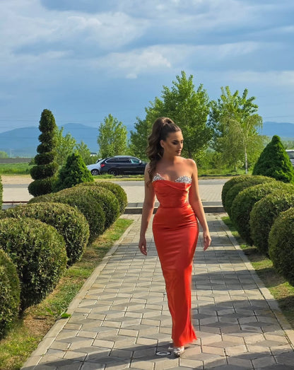 Perlenbesetztes Etuikleid aus Satin, formelles Abschlussball-Partykleid J7144