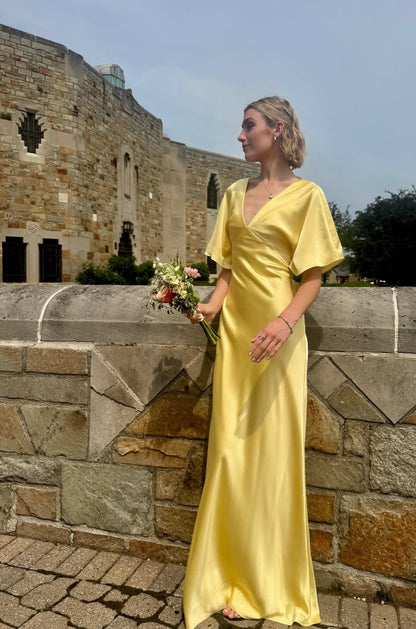 V Neck Yellow Satin Wedding Guest Dress Formal Evening Dress J7185