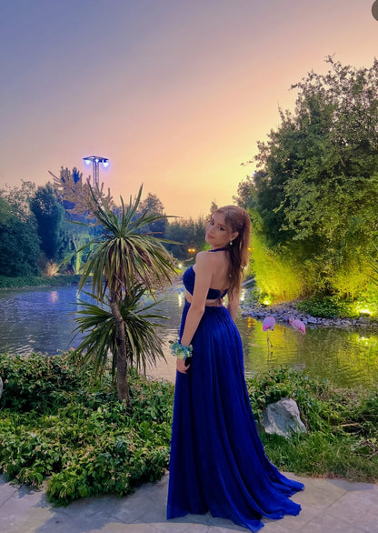 Robe de soirée sexy bleu roi à col licou et coupe trapèze pour invité de mariage J7150