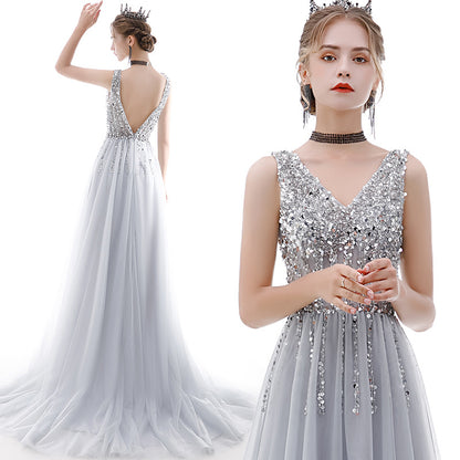 V Neck Sequins Long Prom Dress A Line Silver  Tulle Party Dress 134 - JulyProm