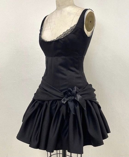 Robe de soirée noire coupe trapèze, tenue d'anniversaire J7373