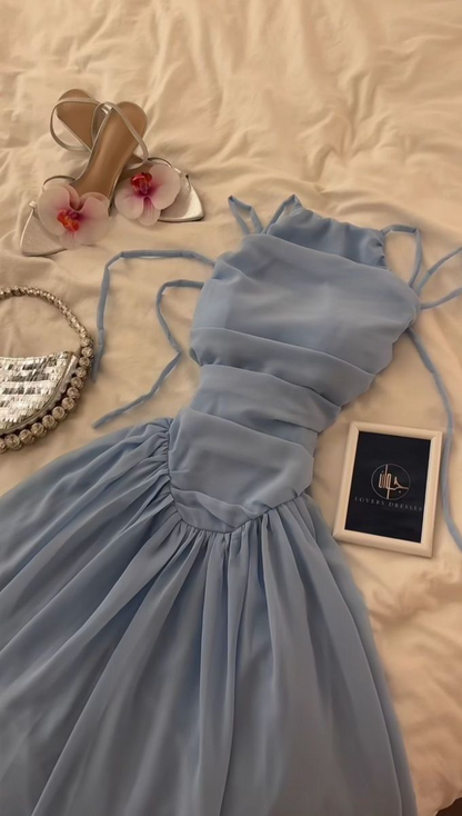 A Line Blue Chiffon Long Prom Dress Formal Party Dress J8110