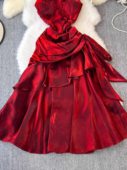 Sexy Satin Backless Dress Summer Irregular Ruffled Long Dress L45