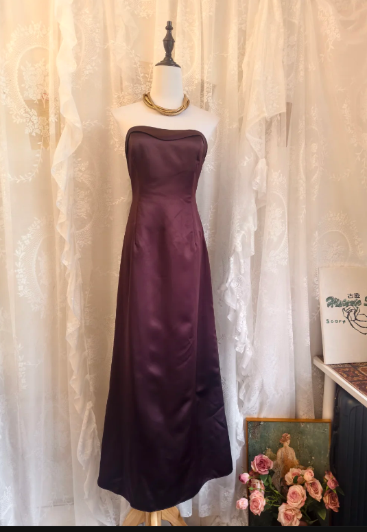 Robe de bal longue bustier bordeaux en satin, robe de soirée simple J8623