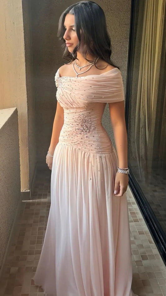 Off Shoulder Pink A Line Long Prom Dress Cute Birthday Dress J8091