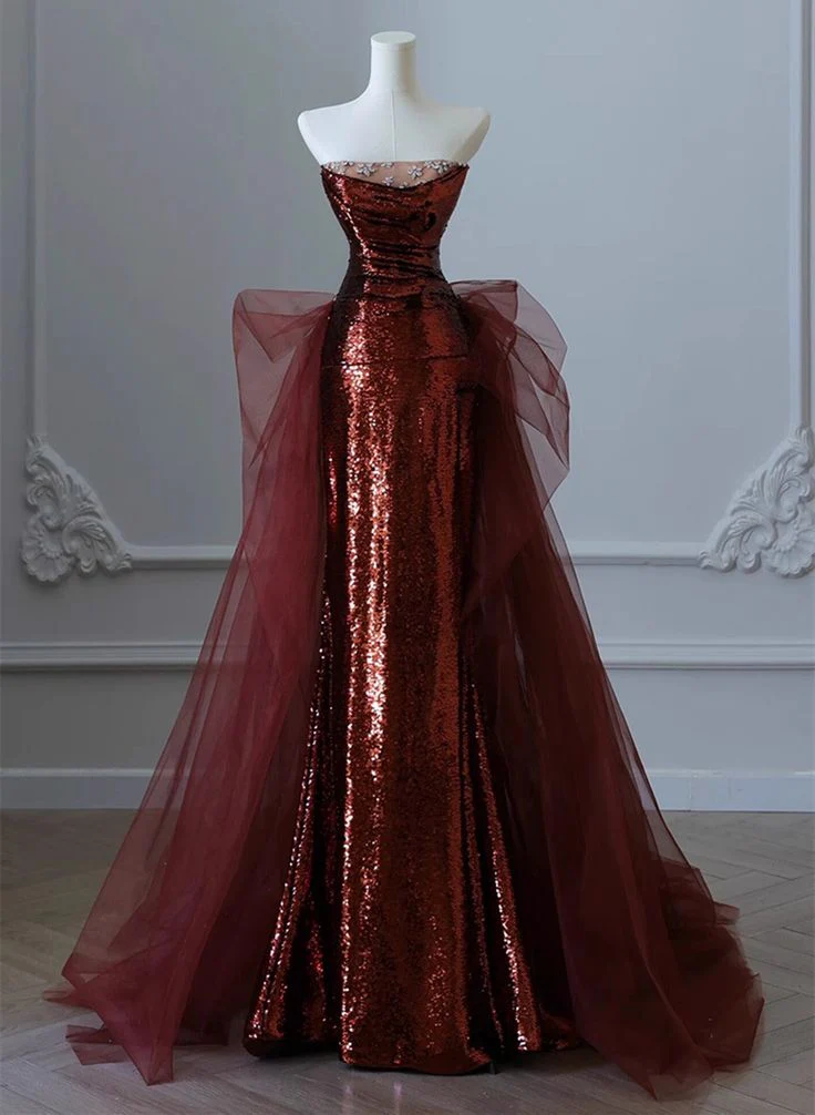 Robe de bal longue à paillettes bordeaux, robe de soirée sirène, robe d'anniversaire J8746