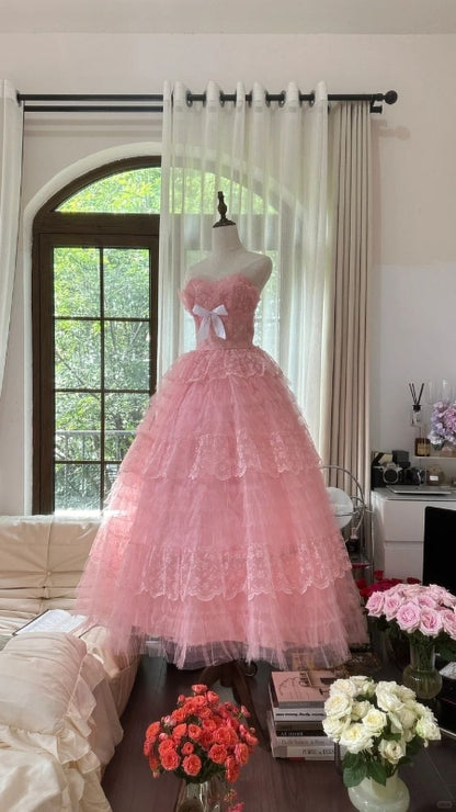Robe de bal princesse trapèze rose en tulle à col en cœur J8203