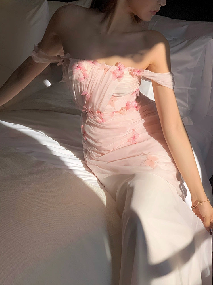 Robe de bal longue en mousseline rose avec papillon 3D et épaules dénudées, jolie robe de soirée J8612
