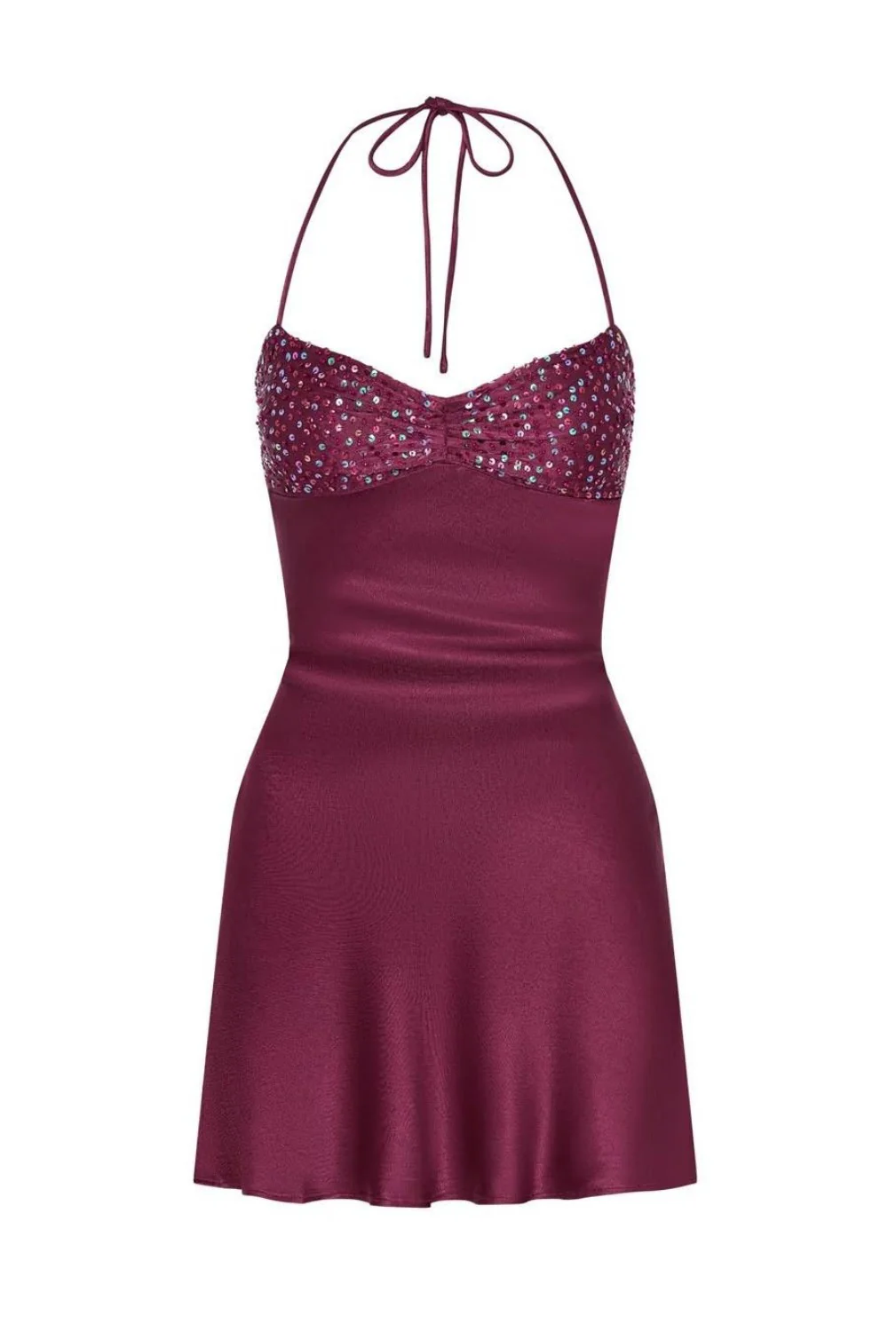 Neckholder-Mini-Heimkehrkleid aus Satin mit Schnürung und Pailletten J8369