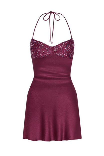 Neckholder-Mini-Heimkehrkleid aus Satin mit Schnürung und Pailletten J8369