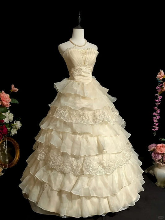 Strapless Beige Tiered Long Prom Dress Sweet 15 Birthday Dress J8465