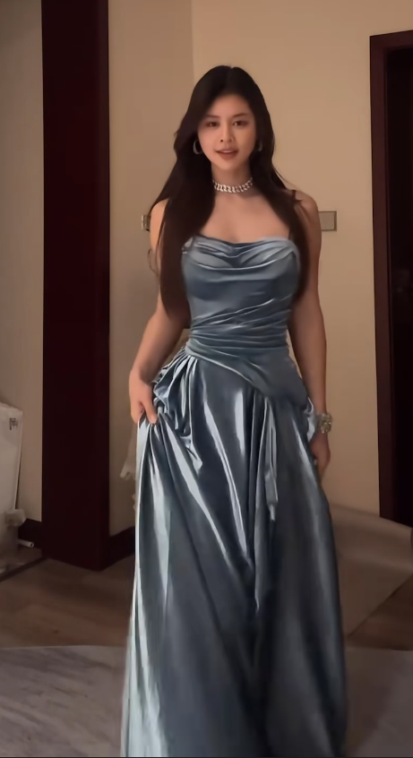 Robe de bal trapèze à bretelles spaghetti, gris et bleu, en satin, tenue d'anniversaire, J6612