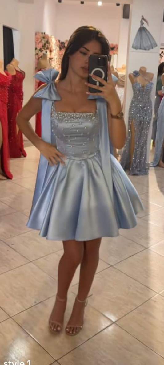 A Line Baby Blue Homecoming Dress With Beads J7522