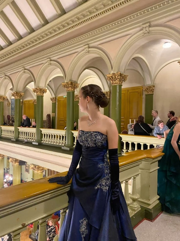 Strapless A Line Beaded Navy Blue Long Prom Dress J8316