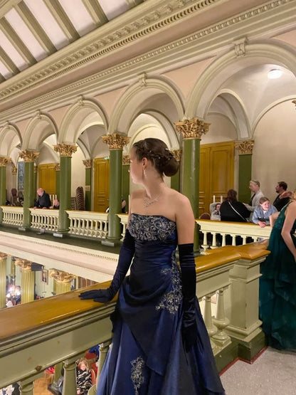 Strapless A Line Beaded Navy Blue Long Prom Dress J8316
