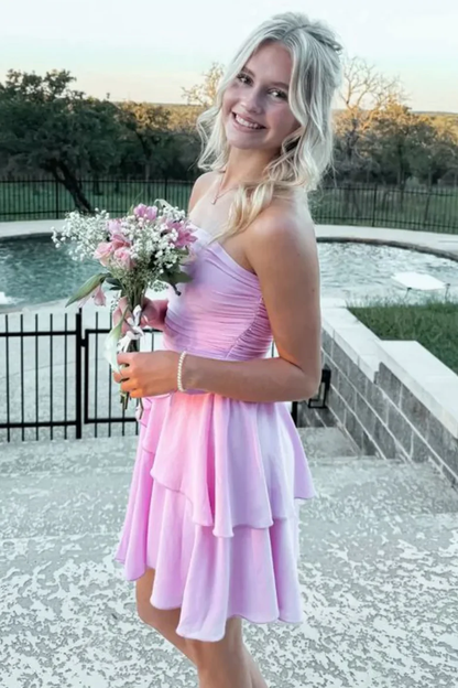 Robe de soirée rose coupe trapèze, sans manches et sans bretelles, J6964