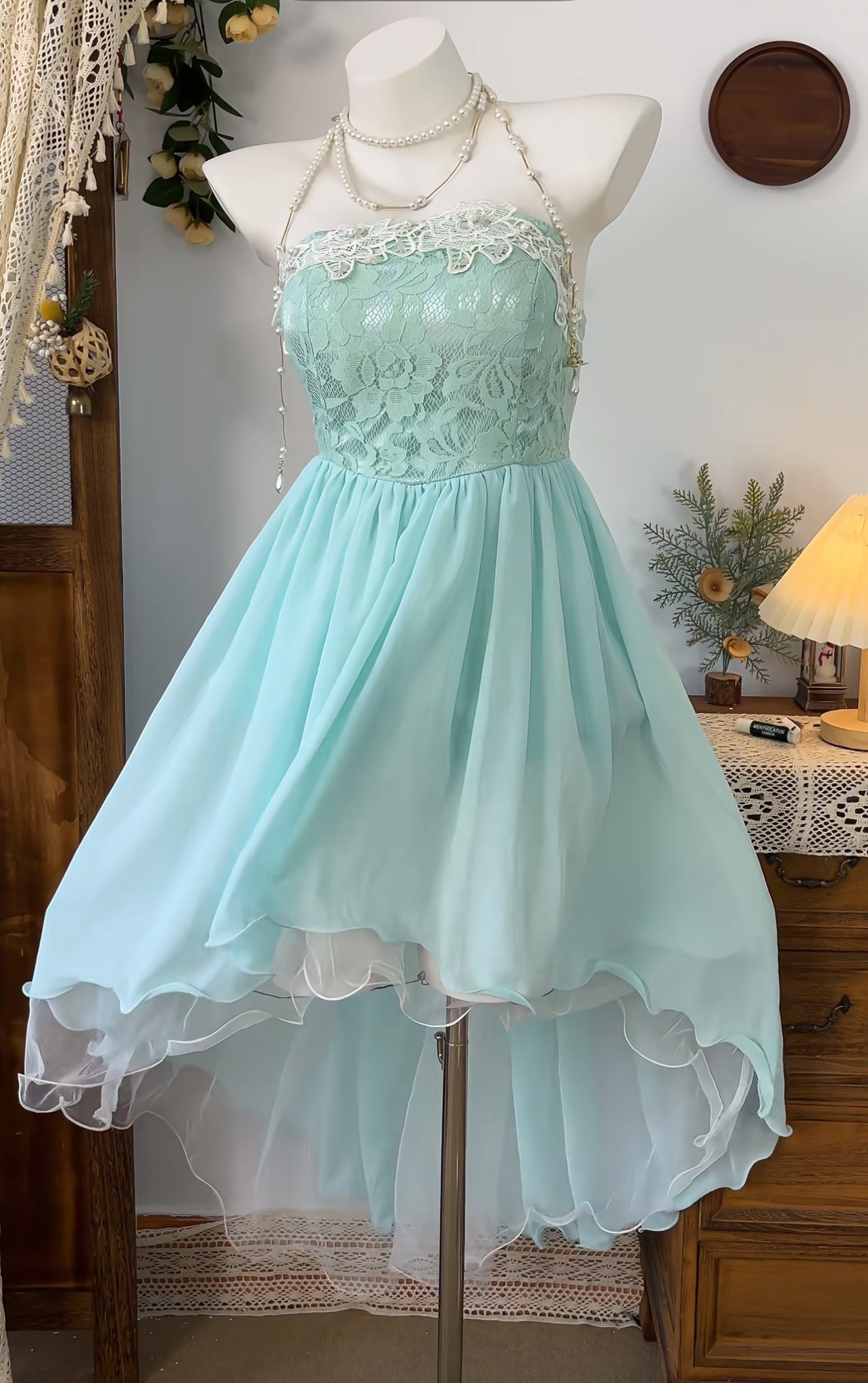 A Line Blue Chiffon Prom Dress Lace Homecoming Dress J8912