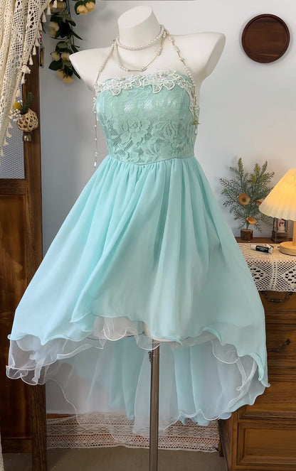 A Line Blue Chiffon Prom Dress Lace Homecoming Dress J8912