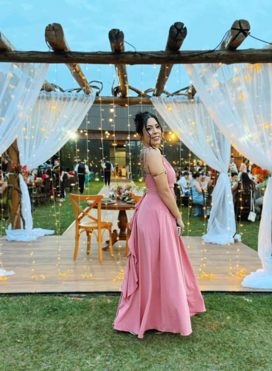 Robe de demoiselle d'honneur rose coupe A pour invitée de mariage J7792