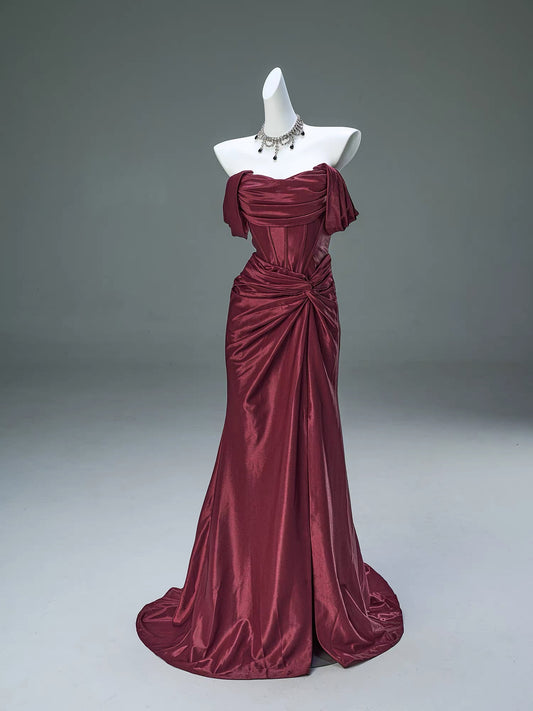 Schulterfreies, langes Ballkleid in Burgunderrot, formelles Abendkleid J8440