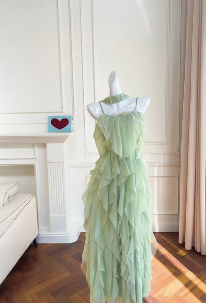 Spaghetti Straps Green Chiffon Ruffle Summer Dress Formal Dress J6999