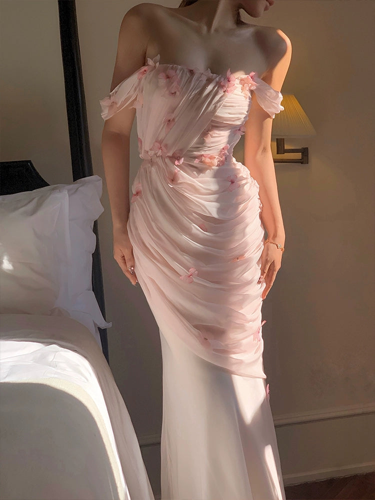 Robe de bal longue en mousseline rose avec papillon 3D et épaules dénudées, jolie robe de soirée J8612