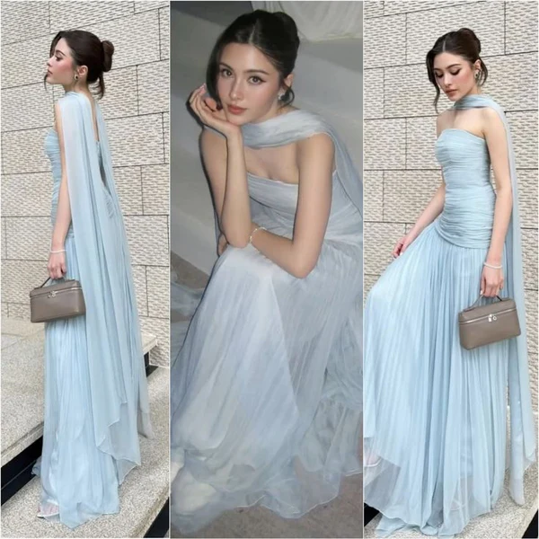 Strapless A-Line Blue Long Prom Dress Wedding Guest Dress Evening Dress J8749