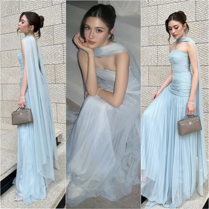 Strapless A-Line Blue Long Prom Dress Wedding Guest Dress Evening Dress J8749