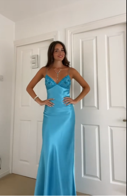 Robe de bal sirène longue bleue à bretelles spaghetti en satin J7843