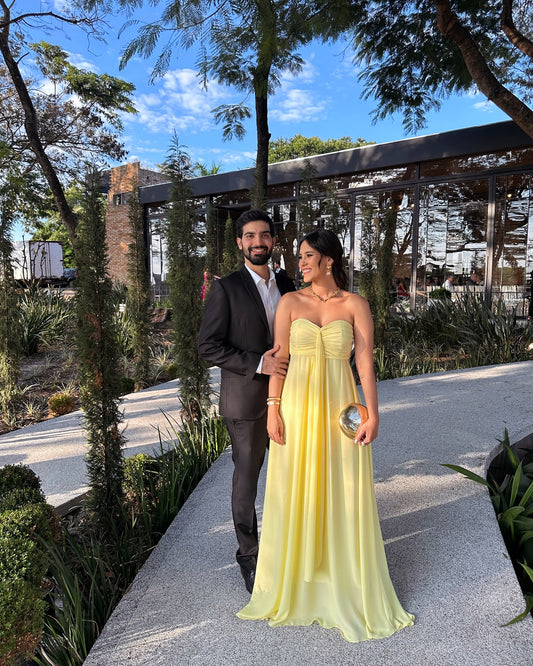 Robe de mariée bustier jaune coupe trapèze, robe de demoiselle d'honneur J7047