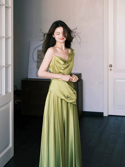 Robe de bal longue en satin vert coupe trapèze, simple, pour demoiselle d'honneur, J8622