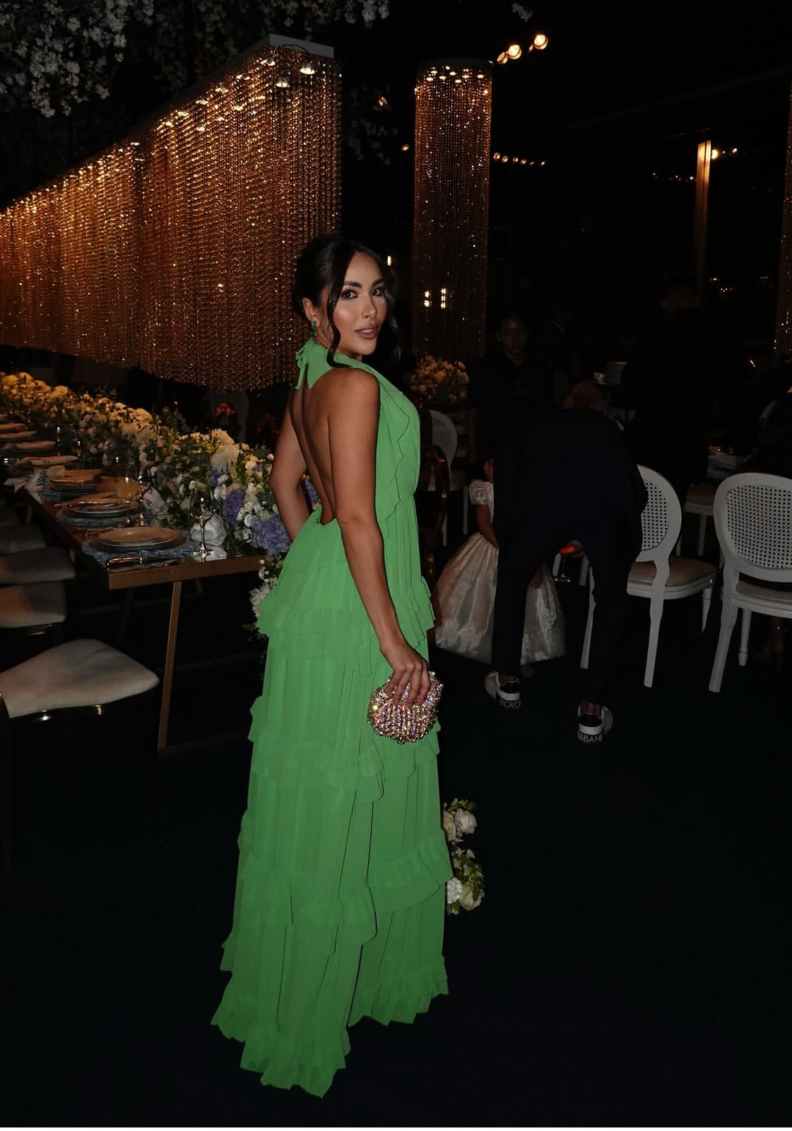 Neckholder-Kleid für Hochzeitsgäste in Grün mit Rüschen, formelles Partykleid J7084