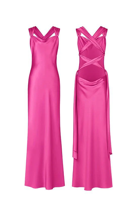Robe de bal longue rose vif en satin, robe de soirée, J8074