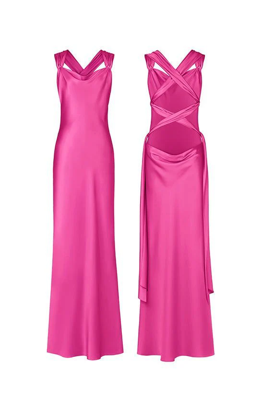 Hot Pink Langes Ballkleid Satin Partykleid Abendkleid J8074