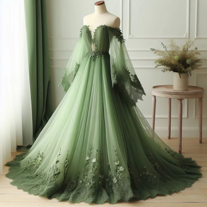 Green Off The Shoulder Green Wedding Dress Applique V-Neck Tulle Bridal Gown J7213