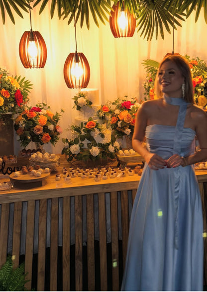 Robe de mariée bustier coupe trapèze bleue, robe de bal formelle J7413