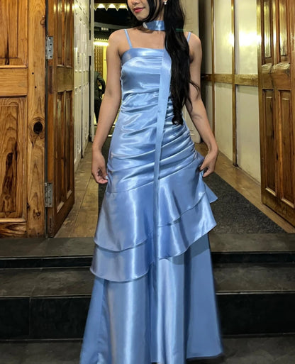 Spaghettiträger Blau A-Linie Ballkleid Formales Partykleid Abendkleid J7016
