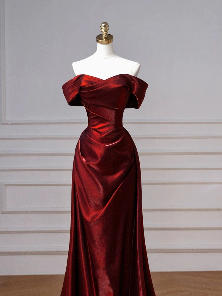 Schulterfreies Burgunderrotes Ballkleid aus Satin, formelles Abendkleid, Partykleid J7096