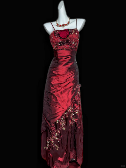 Spaghetti Straps Burgundy Long Prom Dress Vintage Evening Gowns J8647