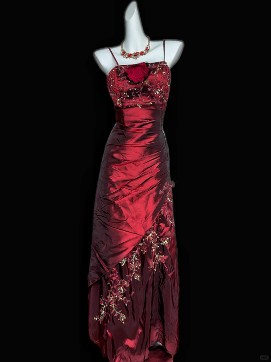 Spaghetti Straps Burgundy Long Prom Dress Vintage Evening Gowns J8647