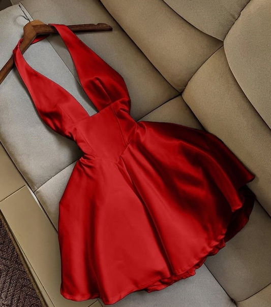 Rotes Neckholder-Satin-Cocktailkleid in A-Linie, sexy, kurzes Abschlusskleid für die Heimkehr, J8219