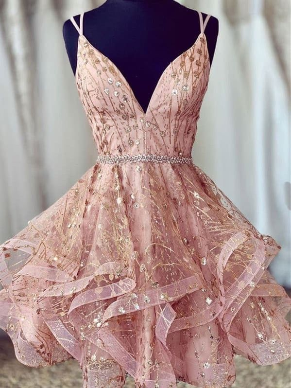 A-Linie V-Ausschnitt Kurzes Spitzen-Heimkehrkleid J7735