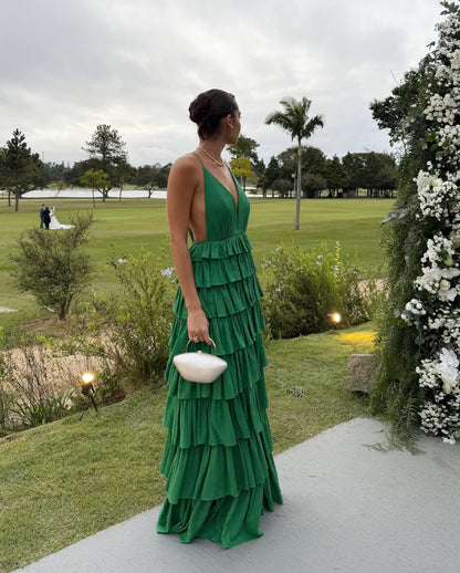 Robe de soirée de mariage trapèze à col en V et à volants J7152