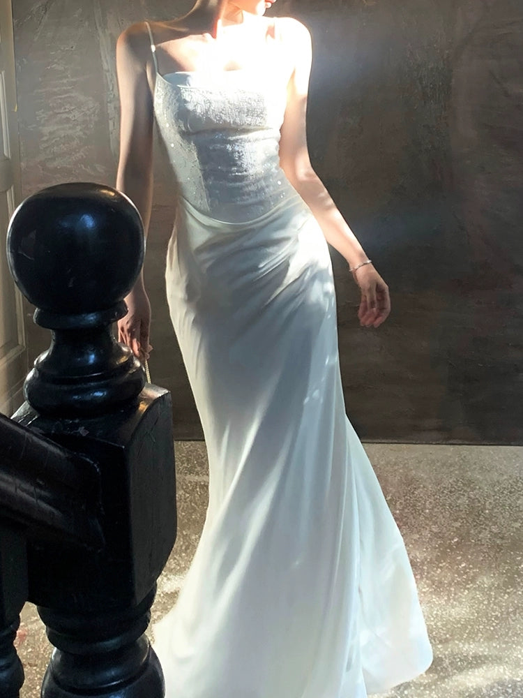 White Sheath Long Prom Dress Sequin Spaghetti Straps Evening Dress J8611