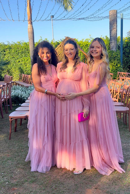 Robe de demoiselle d'honneur rose coupe trapèze, col en V, robe de bal J7763