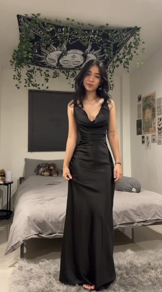 V Neck Black Satin Long Party Dress Evening Dress Prom Dresses J8244