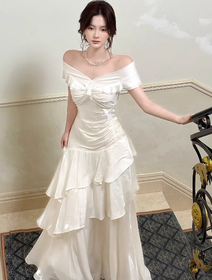 Off The Shoulder Ivory Long Prom Dress Layered Evening Dress J8606