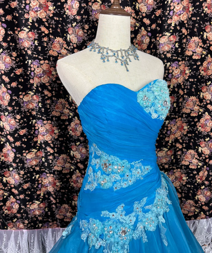 Sweetheart Blue Long Prom Dress With Applique Vintage Formal Evening Dress J8634